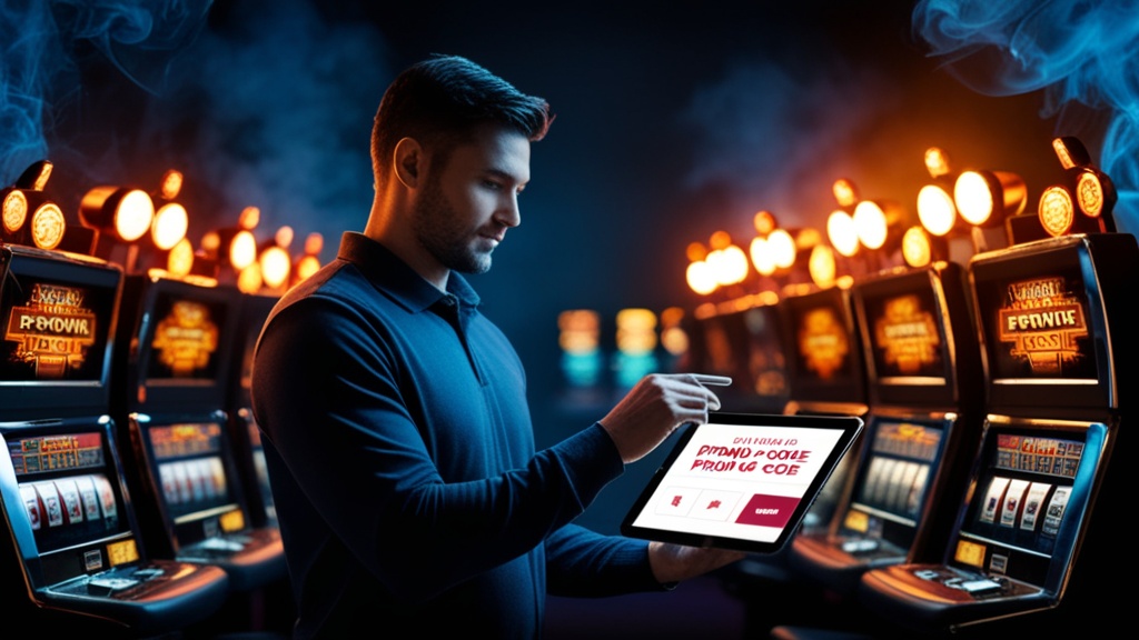 Player checking promo code details beside a casino control panel